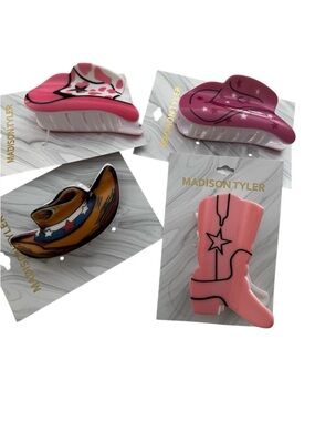 Western Cowboy Boots And Hats Claw Hair Clips Set of 4 Colors Pink Black Brown